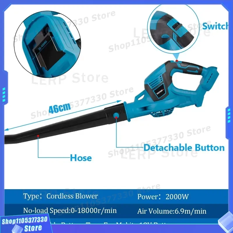 2000W Cordless Electric Leaf Blower 18000RPM High Power Snow Cleaner 6.9m Min Air Volume Portable Garden Tool for Outdoor Use