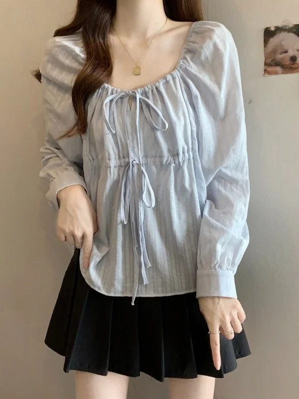 

Slimming Design Long Sve irt Women's Square Collar Belted French Sle Polyester Fiber Casual Top for Young Girls