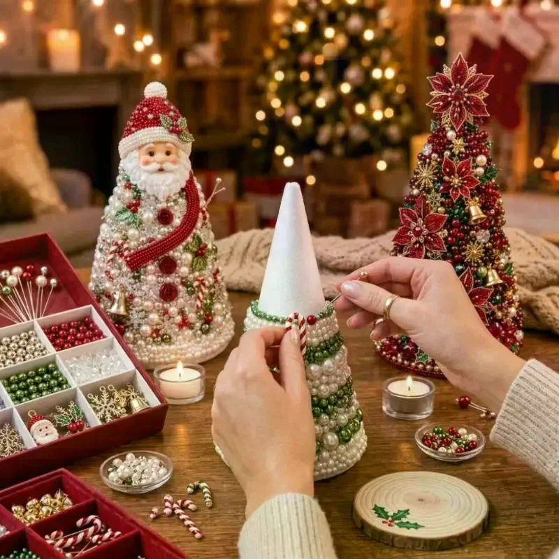 DIY Beaded Christmas Tree Kit Educational Star Topper Tabletop Christmas Tree Handmade Foam Cone Tree Holiday Party Decor Gift