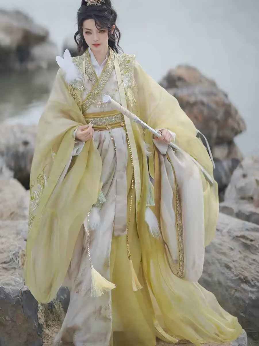 

Chinese Ancient Hanfu Set Gradient Yellow Embroidery Wide Sleeve Robe Fairy Cosplay Costume Traditional Tang Suit for Photoshoot