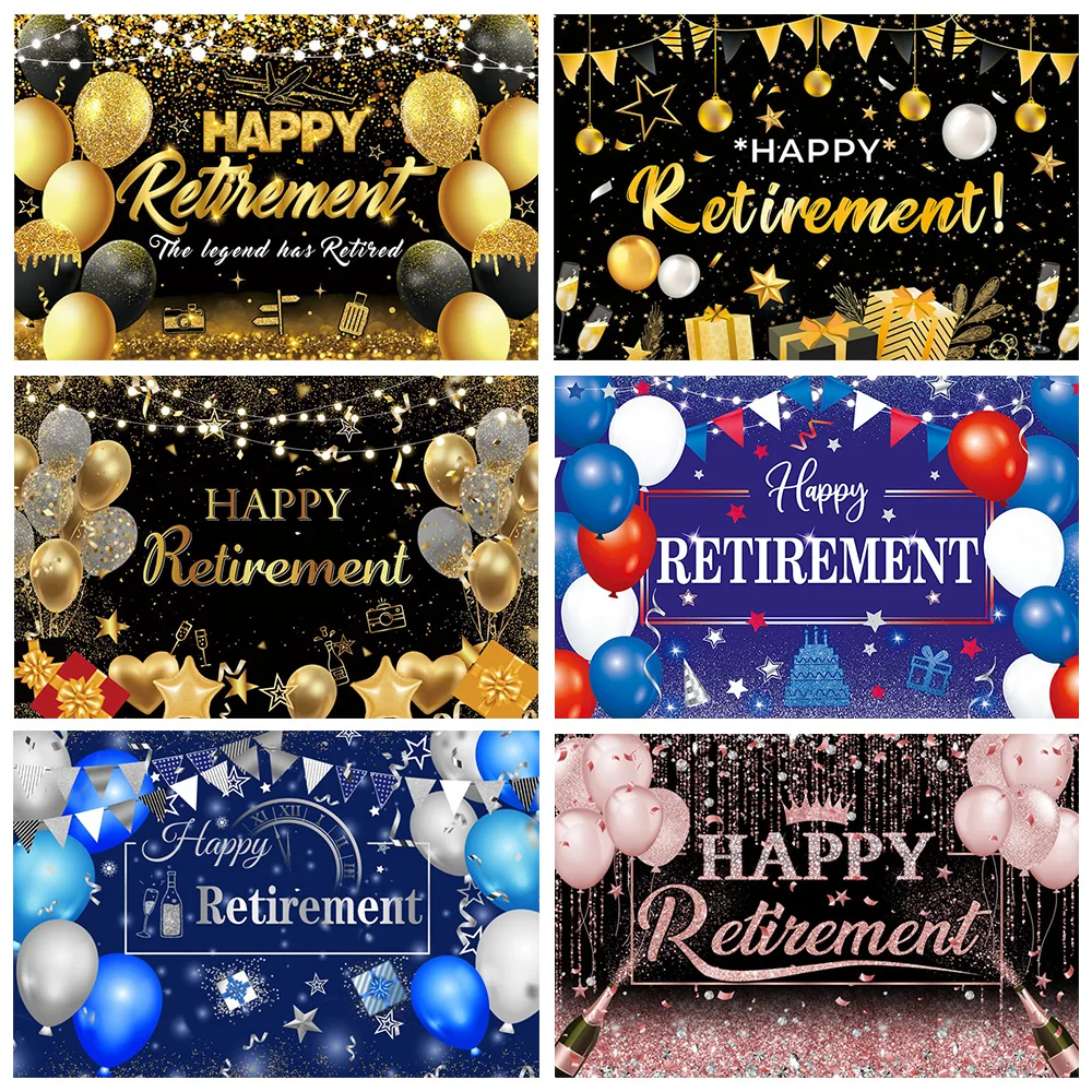 

Happy Retirement Photography Backdrops Congratulations Party Jubilee Family Black Gold Glitter Balloon Photo Background XD-01