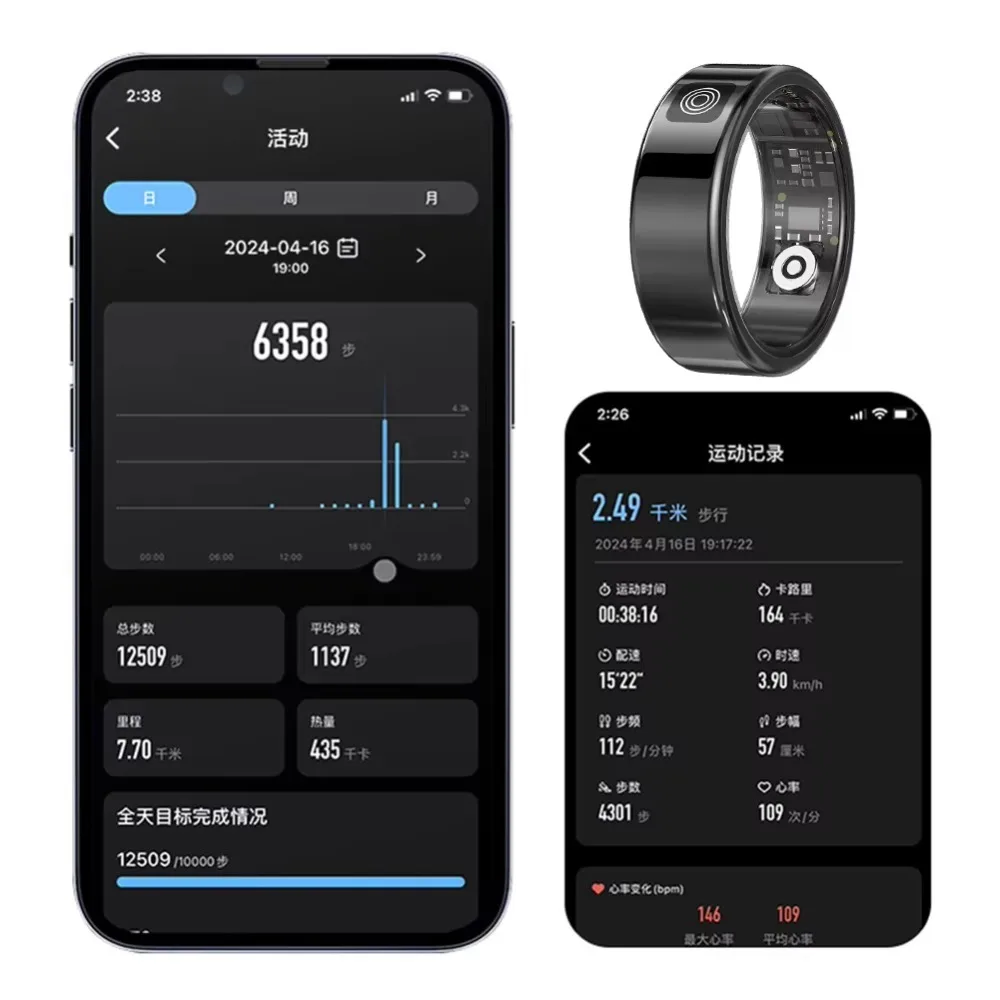 2 ชุดจอแสดงผลหน้าจอบลูทูธสมาร์ทแหวน Sleep Heart Rate การตรวจสอบออกซิเจนโหมดกีฬาหลาย IP68 กันน้ําผู้หญิงผู้ชายแหวน