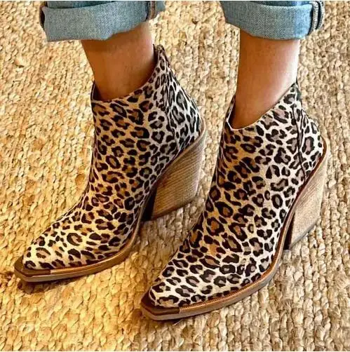 Drop Shipping Woman Leopard Pointed Toe Zipper Back Chunky Heels Ankle Boots Female Fashion Run Way Modern Short Booties Shoes