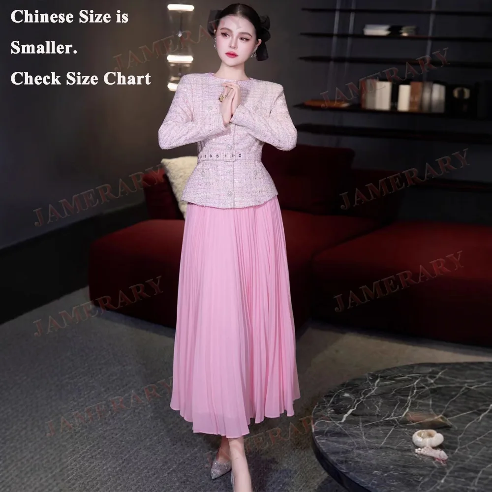 

Розовый бренд весна осень комплект из двух предметов женские твидовые куртки со стразами костюм пальто трапециевидной формы однотонные длинные шифоновые юбки комплект из 2 предметов