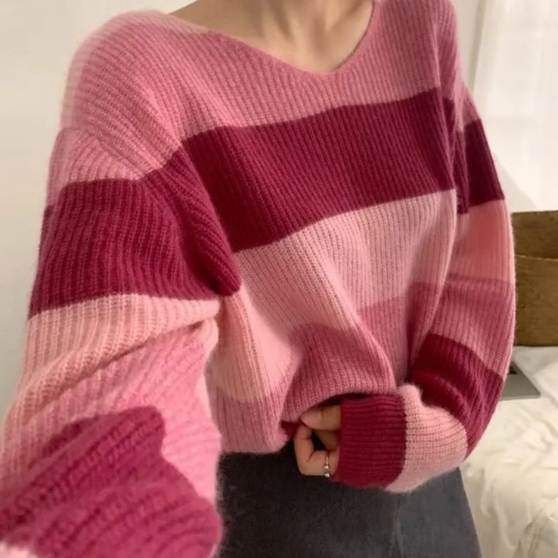 الكورية شيك كسول نمط لينة وشمعي محبوك الوردي مخطط الأعلى 2025 الخريف نمط الخامس الرقبة المرأة السترة #4