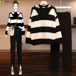 2022 New Large Fashionable Spring and Autumn Suit Striped Knitted Sweater Slim Casual Pants Two-piece Women's Suit