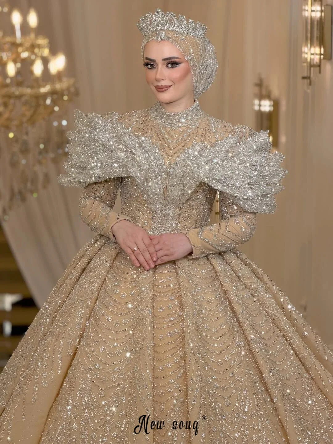 Plus Size Gold Luxury Wedding Dress Muslim Heavy Handmade Shiny Bridal Gowns Customized Beaded amanda novias vestido novia 2026 - view 5