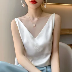 Niche Design Western-style Silk Camisole Women's V-neck Floral Print with Suit Satin High-end Vest Camisole Womens Tops