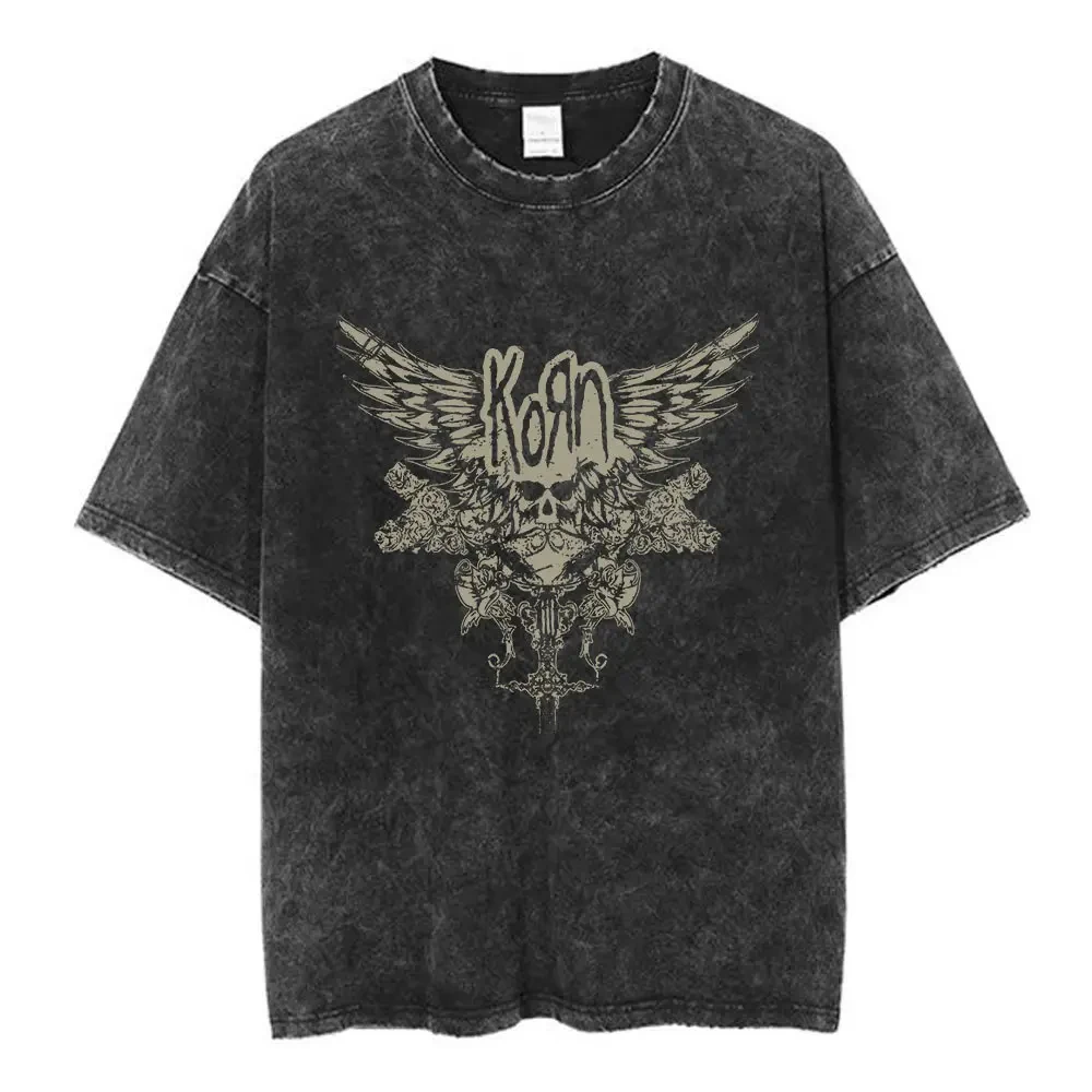

2025 The Rock Metal Band Korn's Summer Pure Black Water-washed Short-sleeved T-shirt Is Made of High-quality Cotton