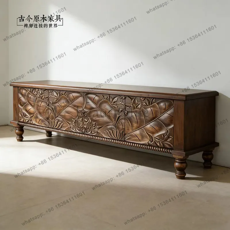 South East Asia style furniture carved storage floor cabinet heightened bedroom TV148-4 Thai old elm TV cabinet