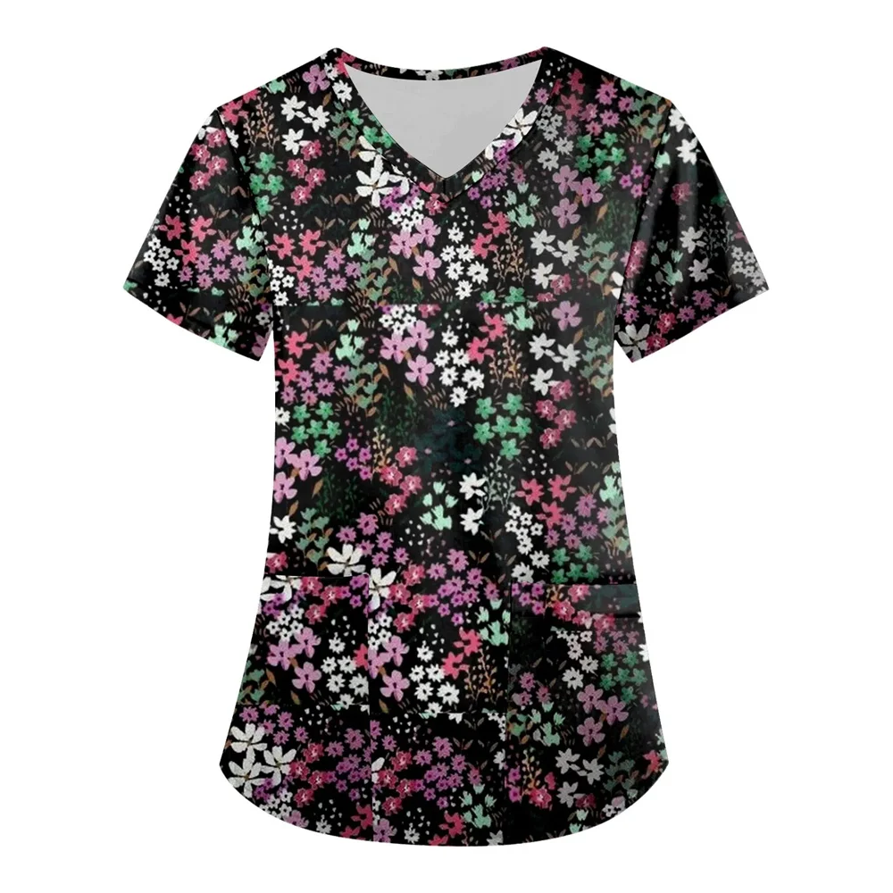 Scrubs Medical Uniforms Woman Fashion Floral Print Clinical Uniforms V-Neck Short Sleeve Patch Pocket Surgical Uniforms Woman