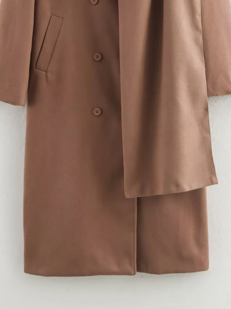 أزياء نسائية جديدة على الطراز الأوروبي، متعددة الاستخدامات، أنيقة بلون سادة معطف صوف مزدوج الصدر مع ياقة وشاح، طويلة جدًا. #4