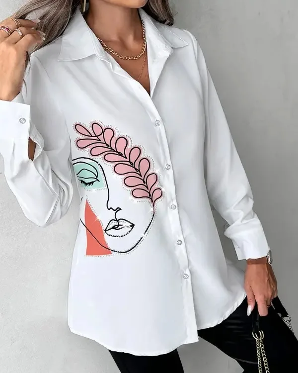 Women's Fashion Hot Diamond Abstract Printed Single Breasted Shirt Spring Casual Long Sleeved Lapel Daily Simple Blouse
