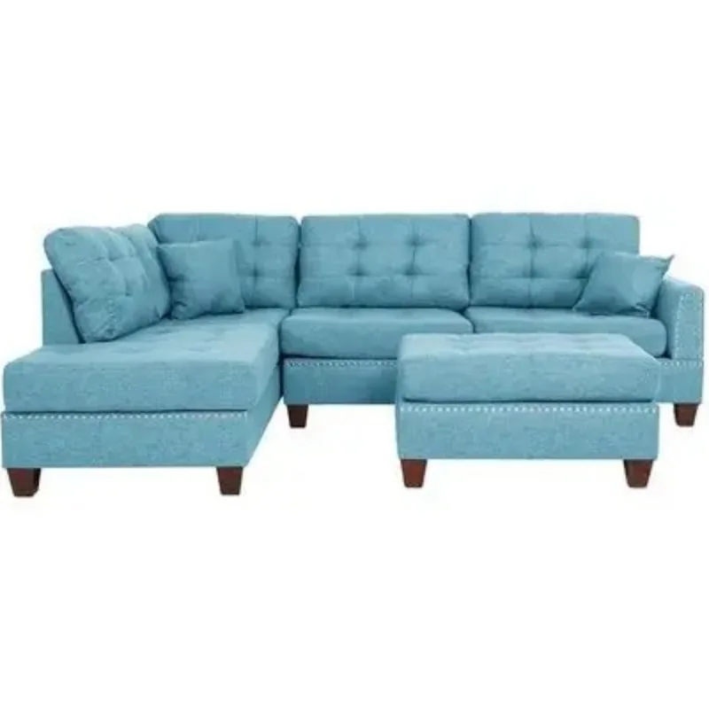 

Modern Blue 3PC Sectional Sofa Reversible Chaise Ottoman Tufted Polyfiber Couch
