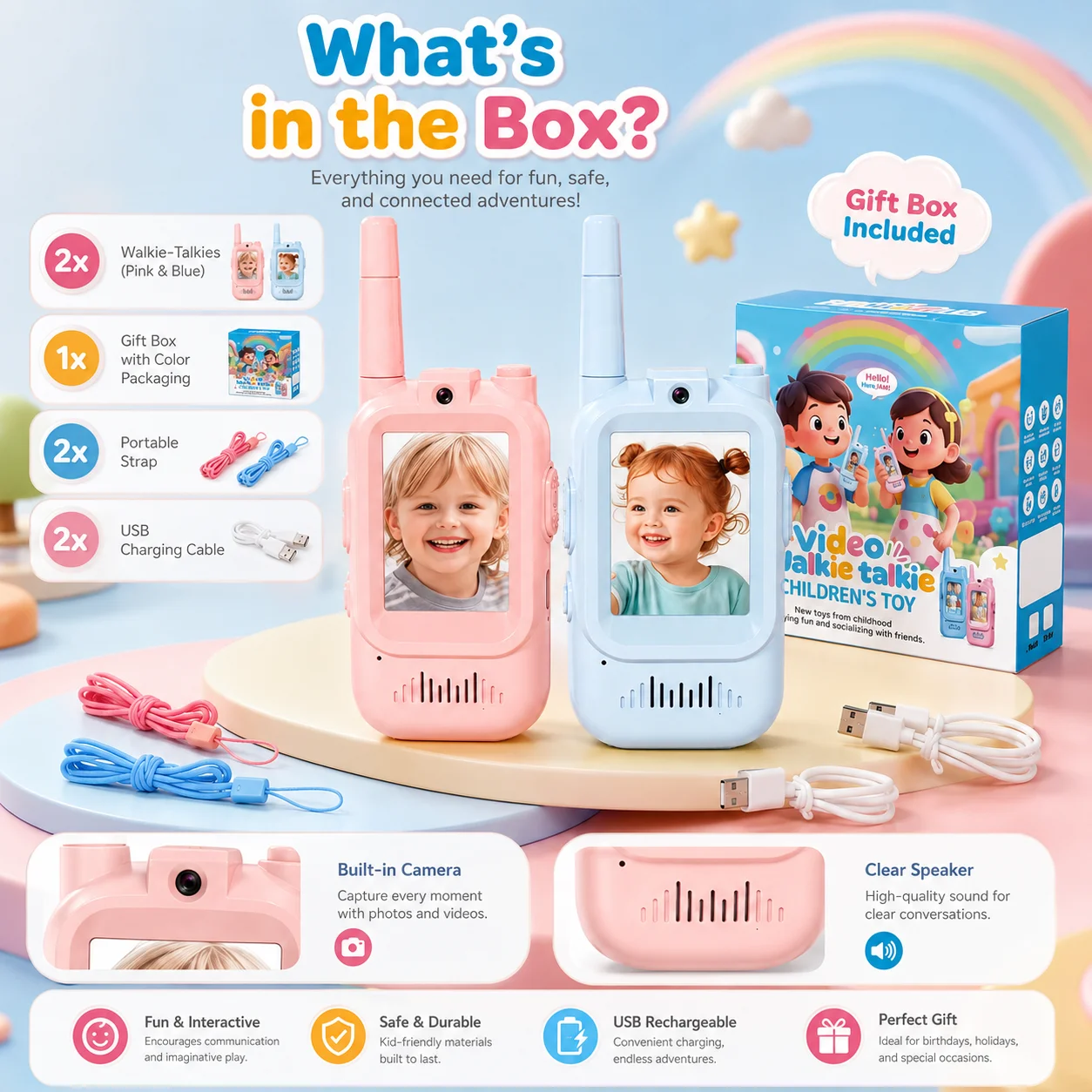 2PC Kids HD-Video Walkie Talkies 3 Styles Intercom USB Charging Indoor Outdoor Child's Toys Birthday Gifts for Boys Girls Age 3+