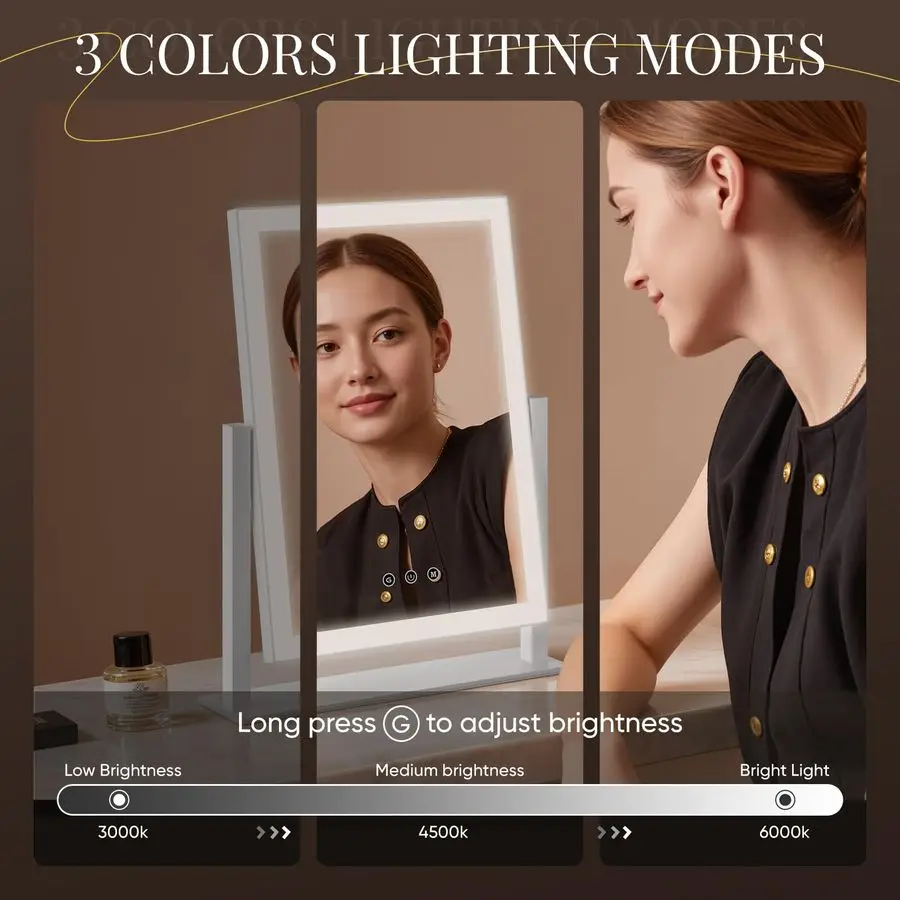 ライト付きバニティミラー、17.3 LEDメイクアップミラー、取り外し可能な10倍5倍拡大鏡、スマートタッチコントロール、3色照明モード、3