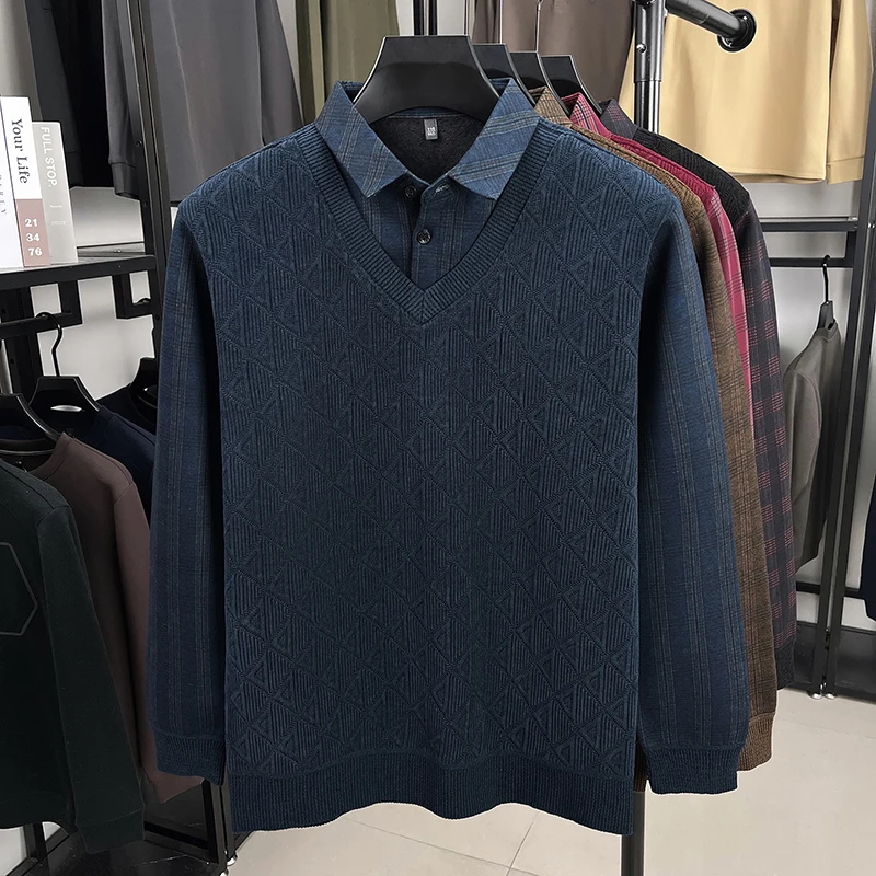 Colletto della camicia maglione lavorato a maglia da uomo di alta qualità con peluche addensato falso in due pezzi inverno versatile tendenza casual abbigliamento da uomo