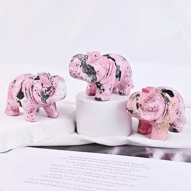 Hot Sale Peru Pink Rodong Stone Elephant Carving Reiki Feng Shui Gemstone Hand Carving Crystal Animal Crafts Meditation