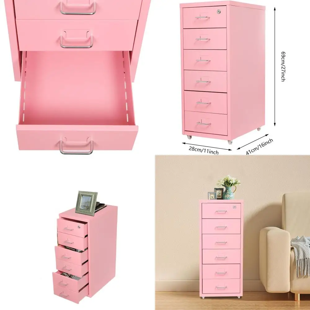 

Розовый металлический шкаф для документов с 6 ящиками, замком, колесиками и ручкой для хранения дома или в офисе