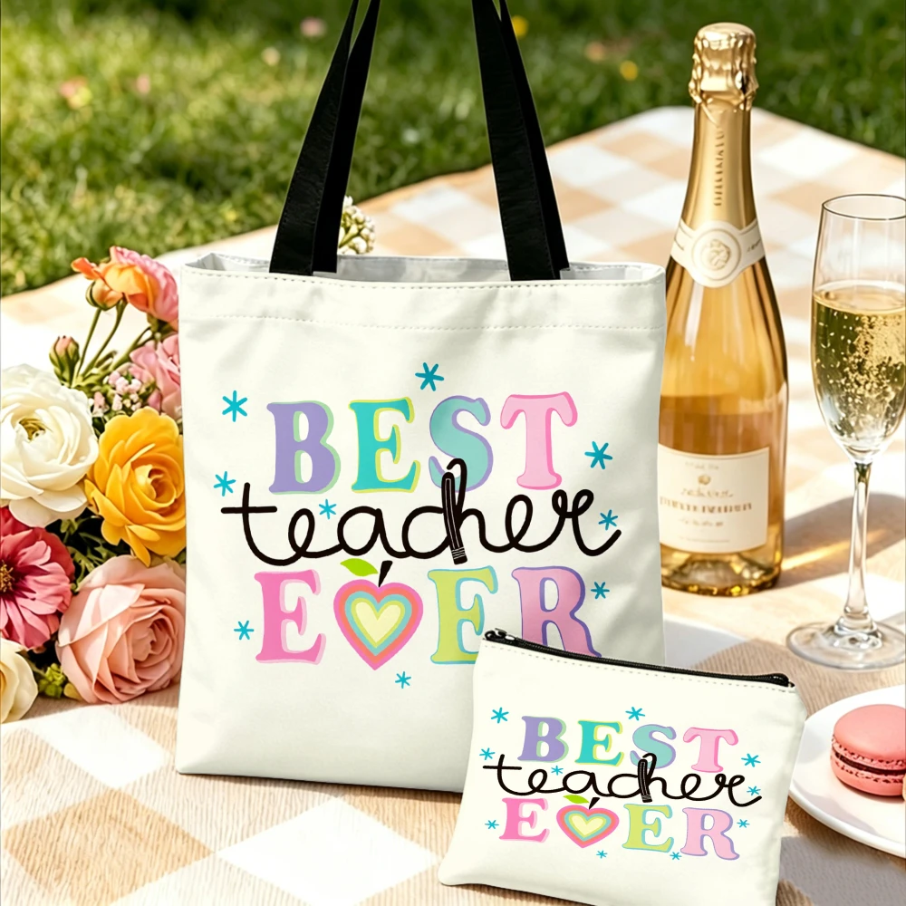1/2pc Handbag Cream Best Teacher Ever With Stars And Heart Tote Bags And Makeup Bag Combination For Teachers Gift Portable Pouch