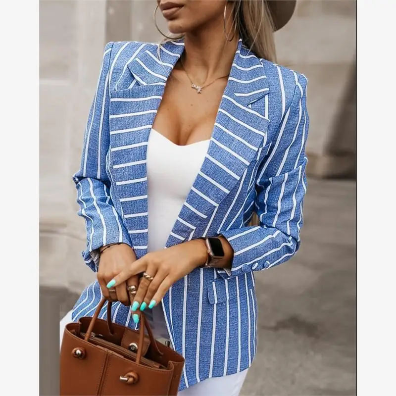 

New Long Sve Striped Print Suit Collar Jaet Women's Faion Commute Sle Slim Fit Polyester Fabric 8-24 Years Old