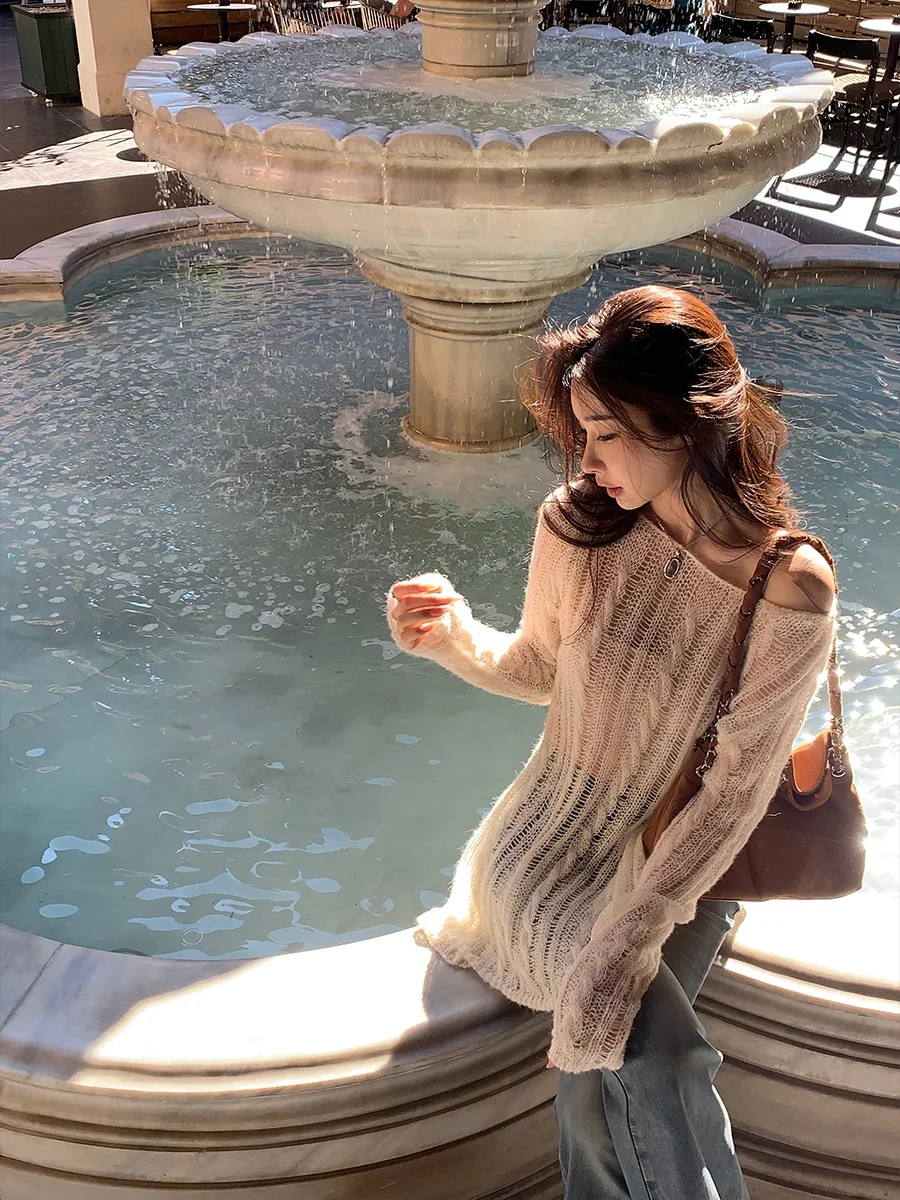 

Achi White Wool Knitted Wrap Chest Long Sve round Ne Hollow out Knitwear Two-Piece Set Women's Loose Fit Autumn Top