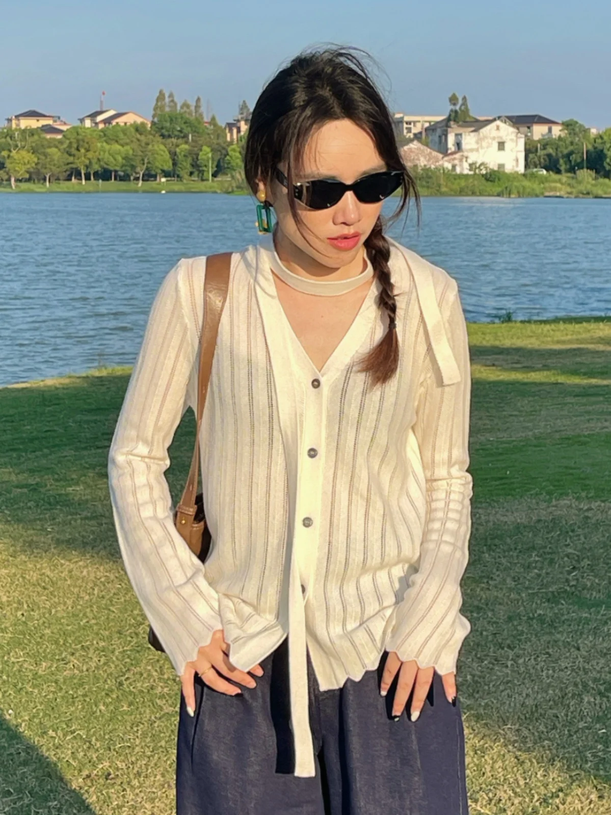 

Ele Design Knitted Sweater Women's Faion Trend V-ne Long Sve Cardigan Woolen Top High-quali Commute Sle