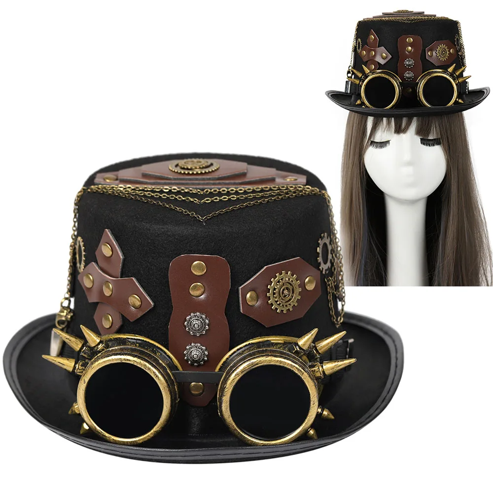 Victorian Steampunk Top Hat Classic Goggles Vintage Accessories Set Gothic Headwear Rivets Leather Halloween Dress Up Party Cap