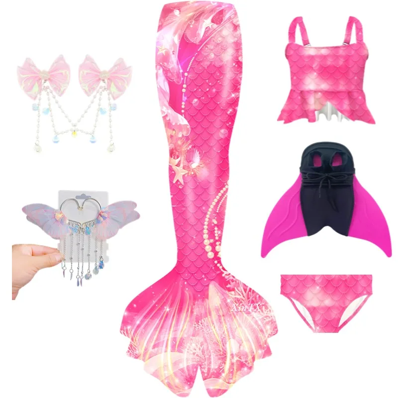 Kids Mermaid Swimming Tail Monofin Cosplay Children Swimsuit Bikini With Beauty Ears Halloween Fins Can Swim