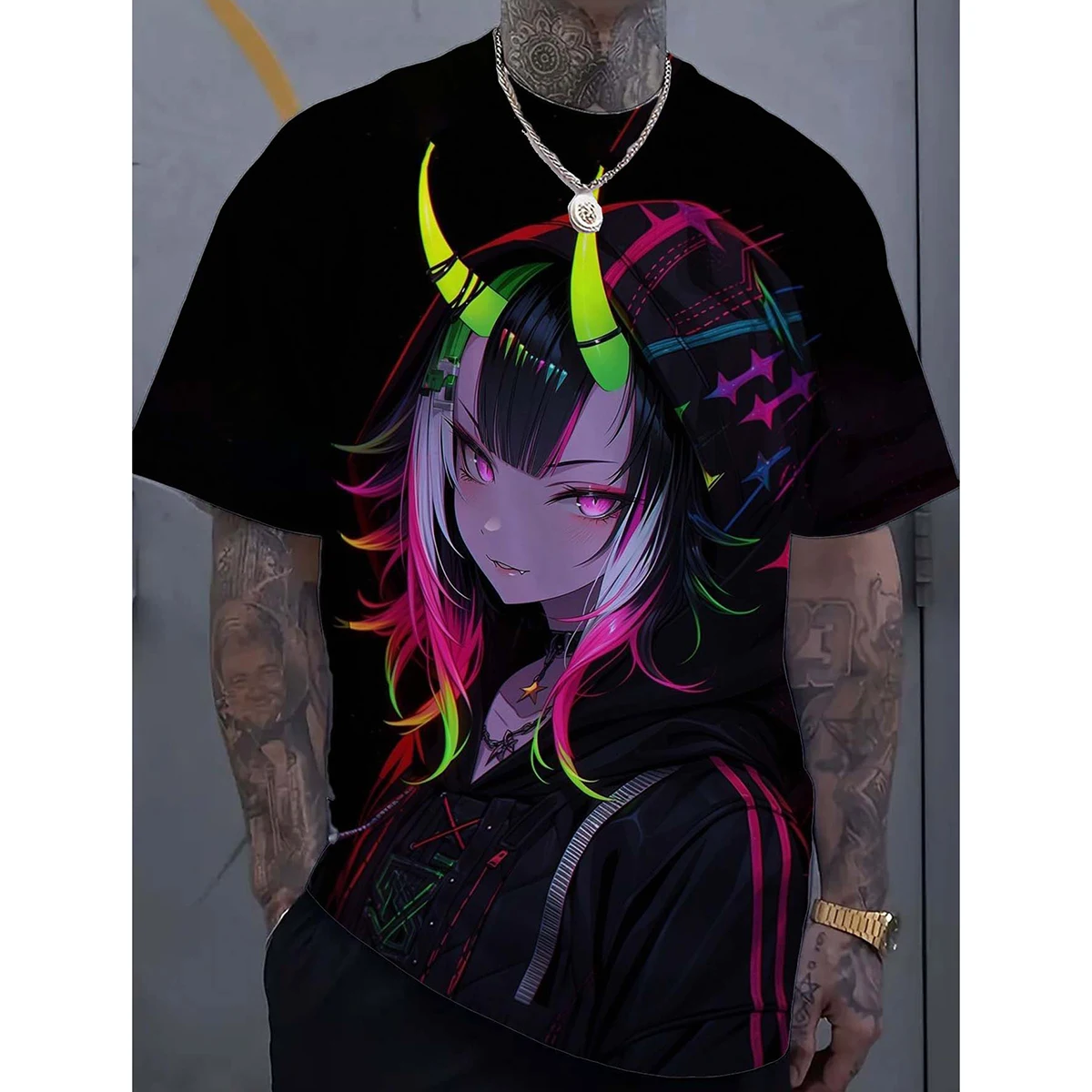 Men's 3D cartoon tattoo girl T-shirt 3D printed Harajuku street style short sleeved casual and comfortable top