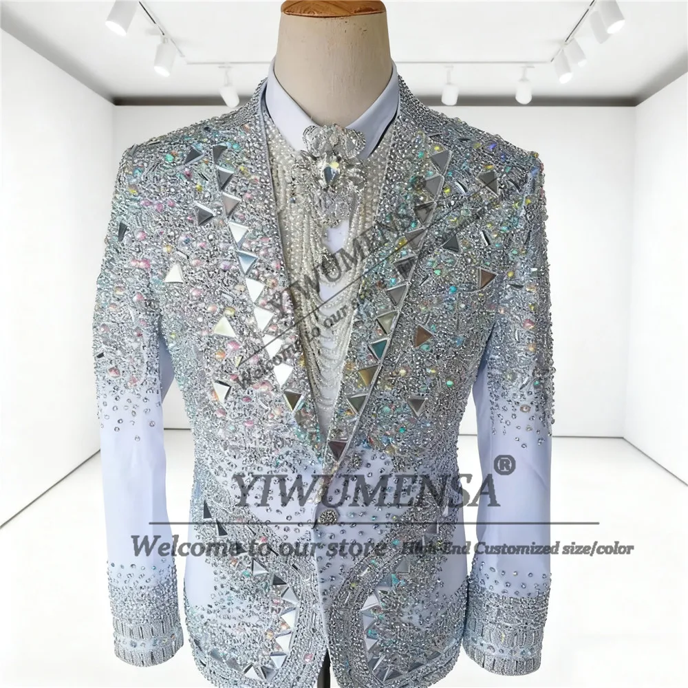 Luxury Jewelry Stones Groom Wedding Suit Attire For Men Slim Fit Single Breasted Jacket Pants 2 Piece Set Groom Tuxedos Outfits