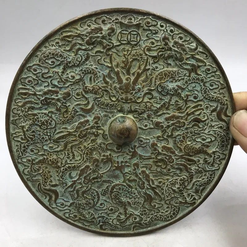 

12.5cm China ancient Bronze mirror Dragon and Phoenix design fengshui safety decoration mirror Home decor metal crafts