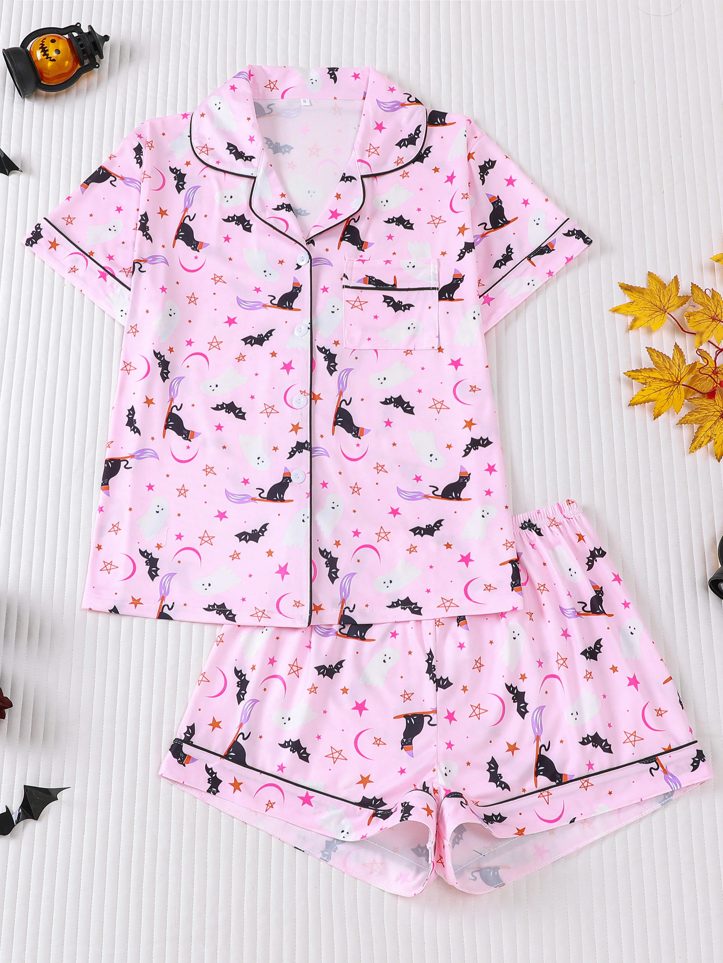 

Женский комплект одежды для сна с забавным принтом из 2 предметов, кардиган с короткими рукавами и лацканами, топ и свободный кардиган на Хэллоуин