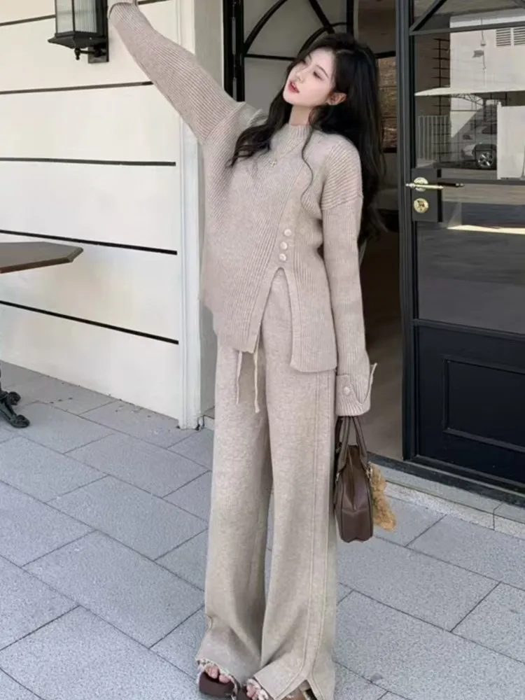 Casual Knitwear Wide Leg Pants Women Sets Round Neck Split Thick Warm Sweater And Loose Trouser Autumn Winter Two Pieces Outfits