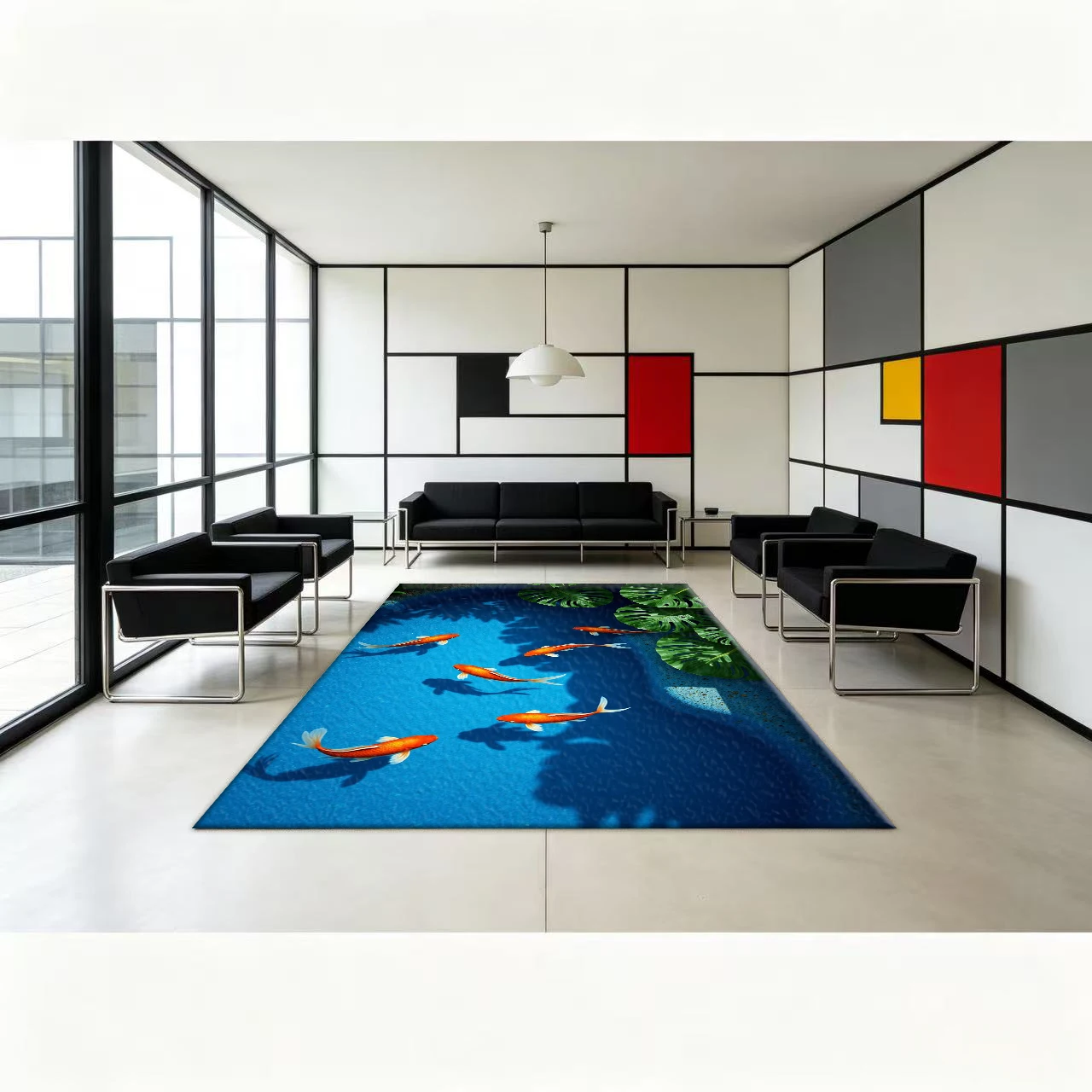 Gold Koi Fish Monstera Leaf Carpet Flooring Tropical Aquatic Scenery Anti‑Slip Floor Rug for Home Decor