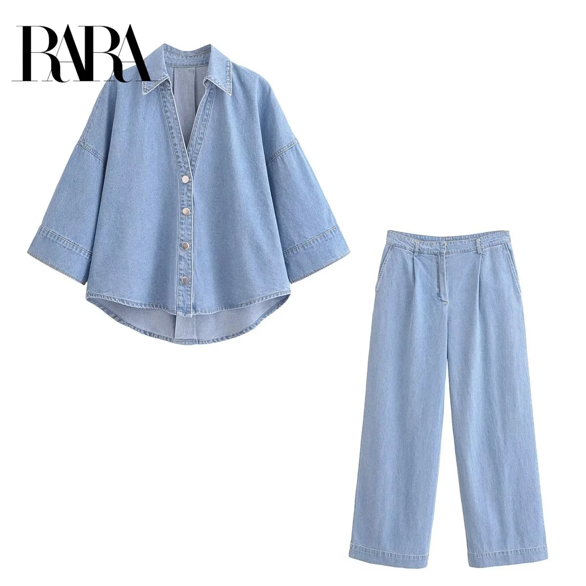 

RARA2025 Fashionable, Casual and Versatile Simple Single-breasted Lapel Wide-sleeved Denim Shirt With Denim Wide-leg Pants