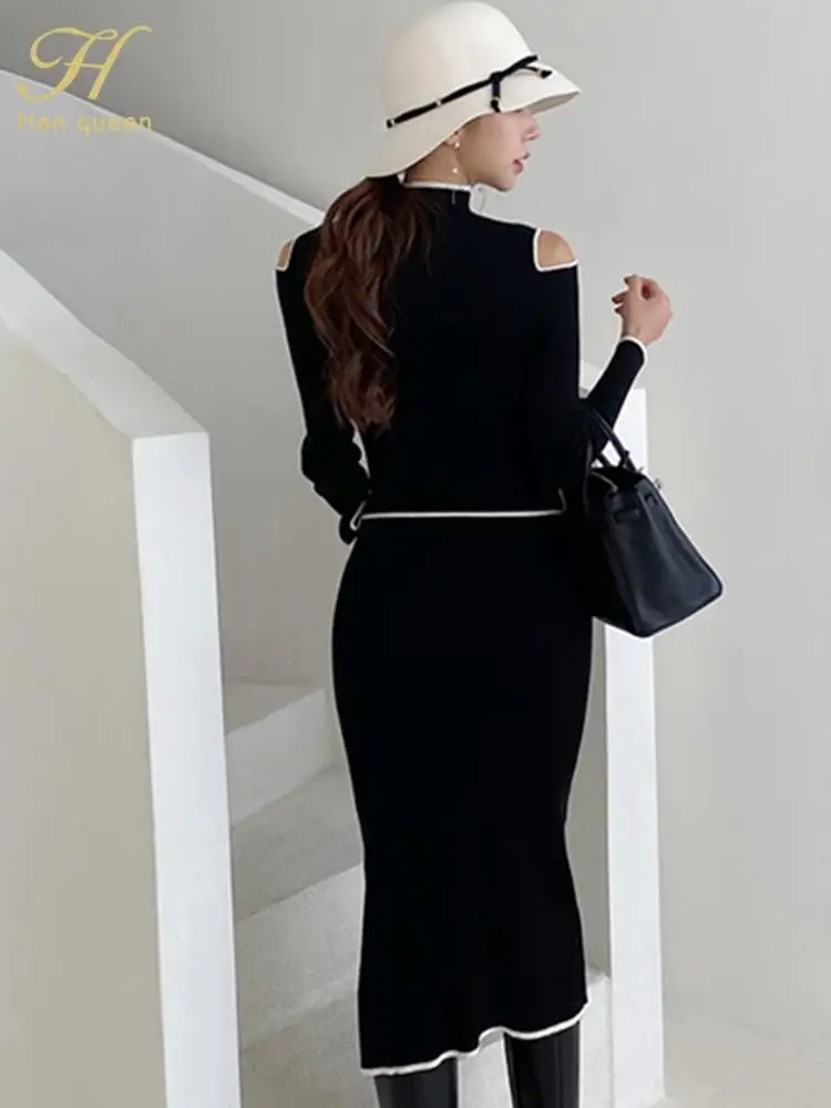 H Han Queen Autumn Elegant OL Lace up Strapless Elastic Knit Pullover Sweater Long Dress Black Sheath Pencil Knitted Dresses