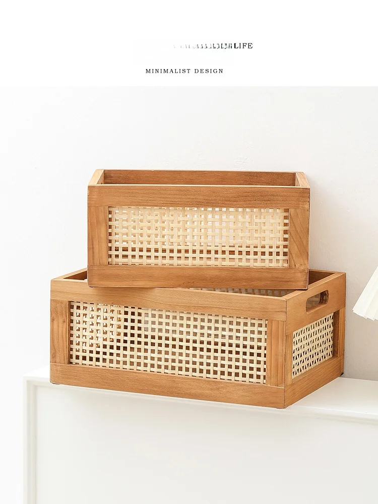 Rattan Wooden Bamboo Woven Japanese Style Storage Basket Desktop Multi Functional Organizer Retro Pattern Home Bedroom Storage