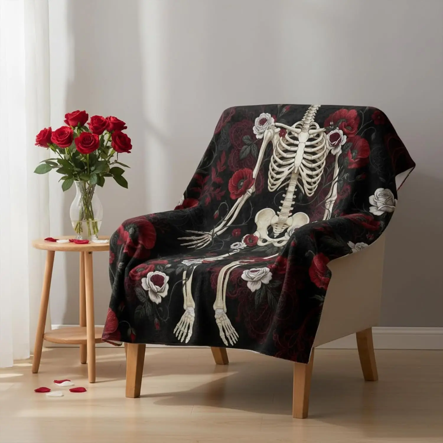 Gothic Skeleton Throw Blanket Funny Floral Bones Art Design Unique Gift For Adults Home Decor