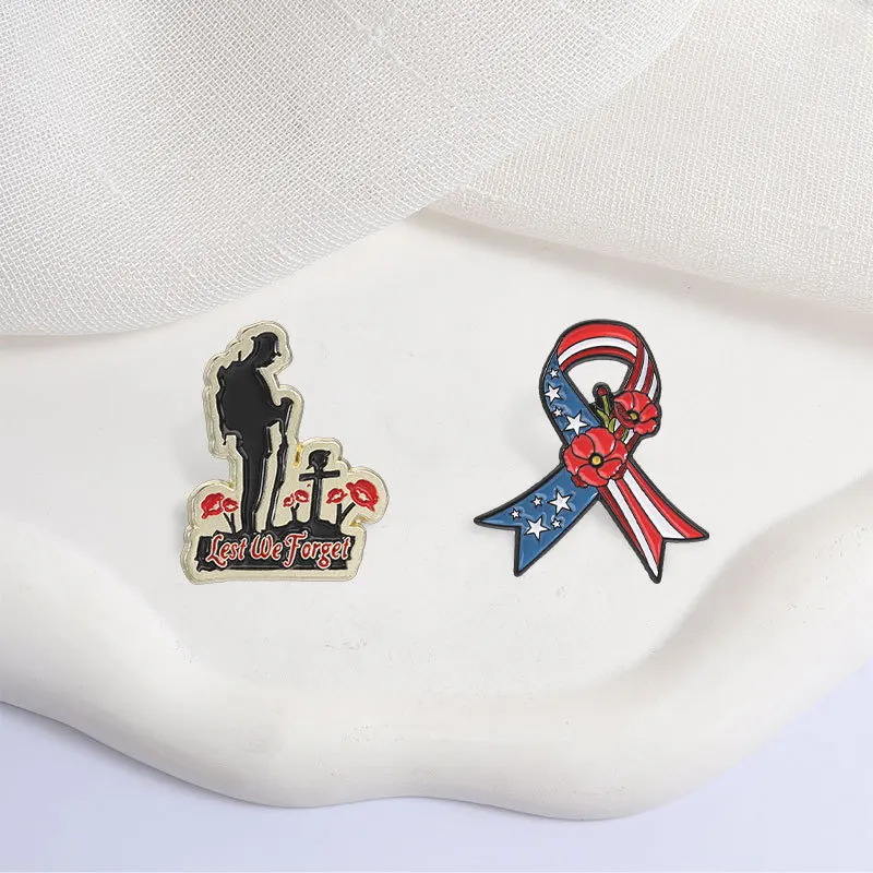 Creative Veterans' Memorial Badges, Cartoon Red Flower Ribbon-shaped Alloy Pins, Accessory for Clothing Bags, Gifts for Friends
