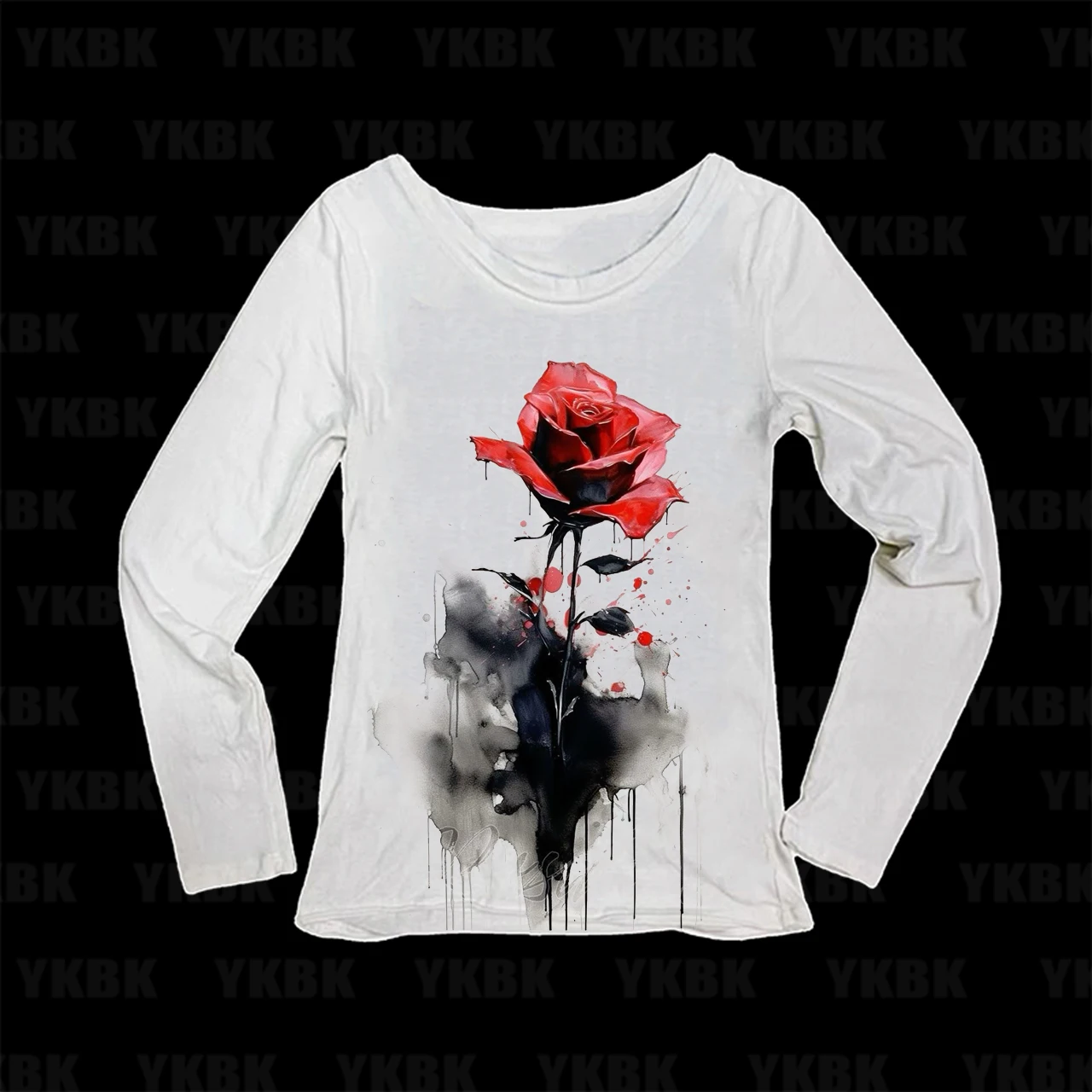 Women Watercolor Red Rose Print Long Sleeve T Shirts Slim Vintage Ink Splash Floral Graphic Tees Ladies Y2K Gothic Casual Basic