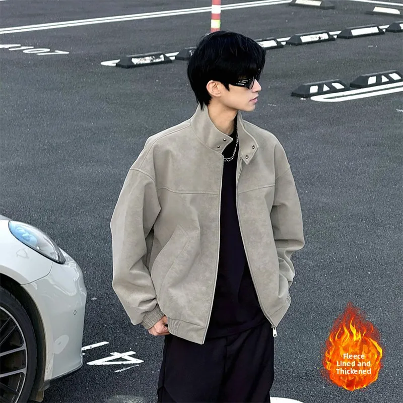 Easu NO LOGO FLUS Autumn Winter Dyed Leather Jaet Cotton Vest Fce Lined Warm Retro American Sle Youth Outerwear