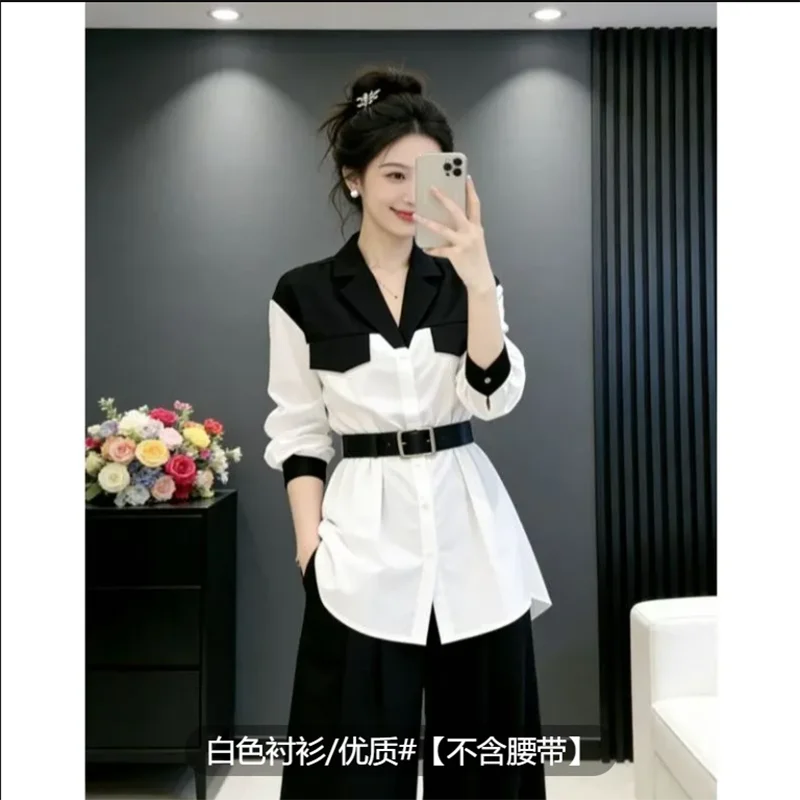 

Black-White Patchwork Shirt for Women Elegant Ageless Design French Style Unique Beautiful New Spring Top