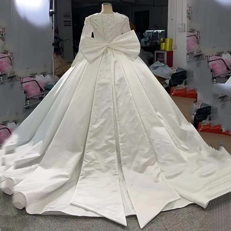 RSM67233 Muslim Exquisite Bridal Dresses Satin Ball Gown Customized Wedding Dresses For Women Beading RSM222147 Robe De Mariée