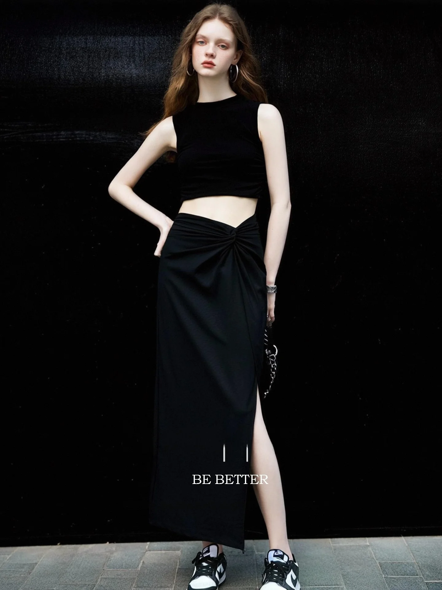 High Waist Asymmetrical Slit Knot Long Skirt for Women Black Commute Style Polyester Fiber City Travel Casual Fitted Skirt