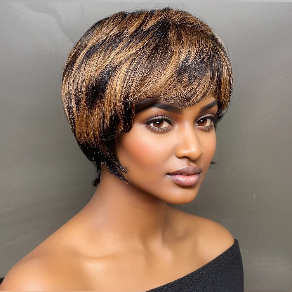 1B/30 カラーストレート人毛ウィッグピクシーカット人毛ウィッグ前髪フルマシンメイドウィッグオンブルカラーウィッグ