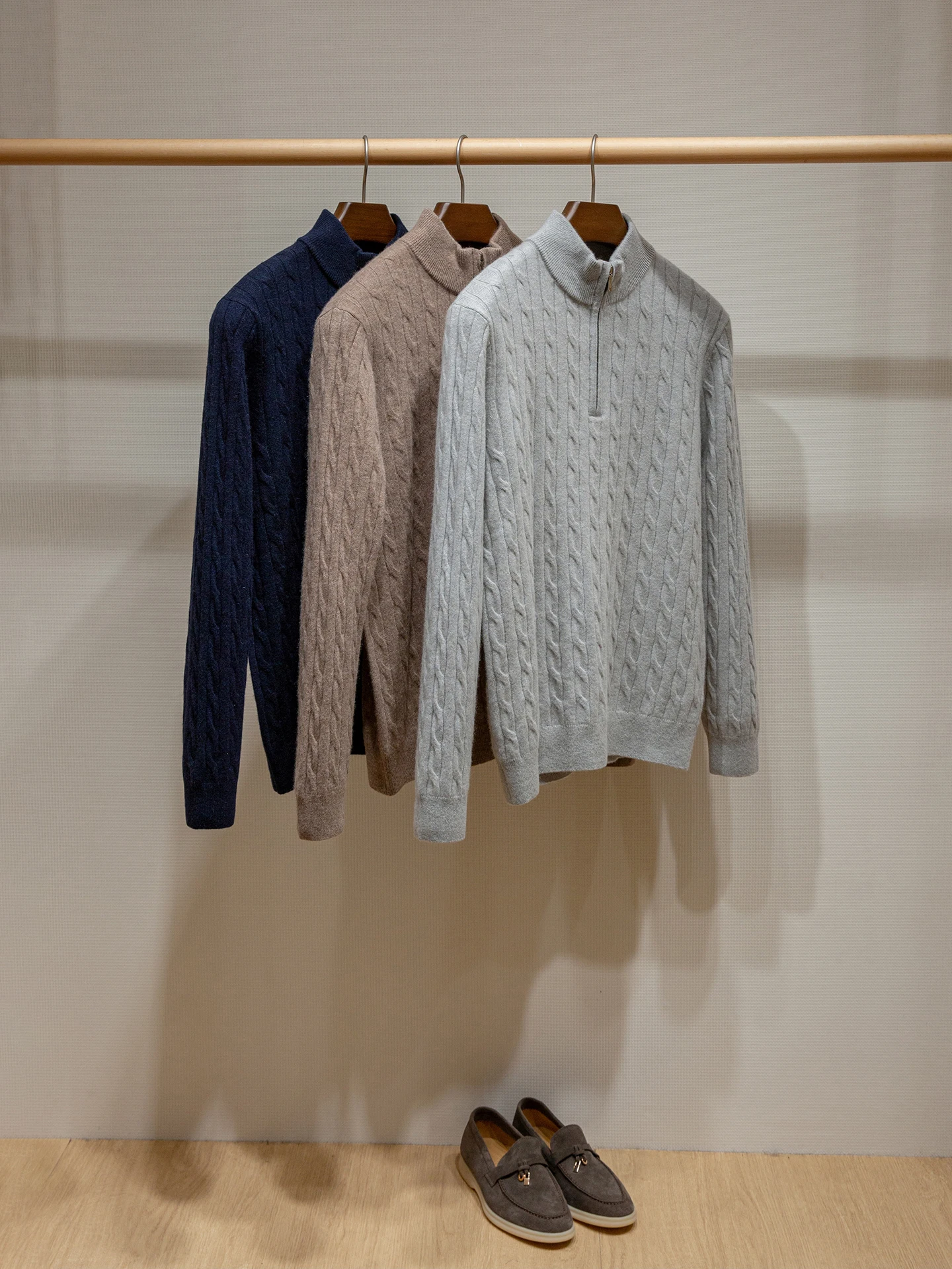 Textura floral 100% cachemira, suéter de cachemira con media cremallera para hombre