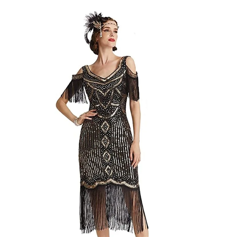 Women 1920s Vintage Great Gatsby Dress V-neck Short Sleeve Sexy Tassel Sequins Performance Clothing for Halloween Party