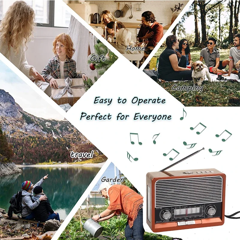 Radio portatile di emergenza retrò ricevitore Radio FM/AM/SW1-6 altoparlante BT lettore musicale MP3 solare con supporto per luce a LED scheda USB/TF