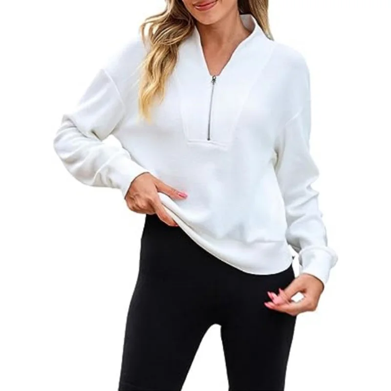 Sudaderas de punto de manga larga para mujer, jerséis sueltos con cuello en V y cremallera de gofres, ropa de otoño e invierno